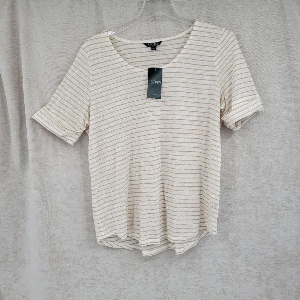 Lauren Ralph Lauren Women's Plus Size 2X Linen Top Cream Tan Stripes NEW